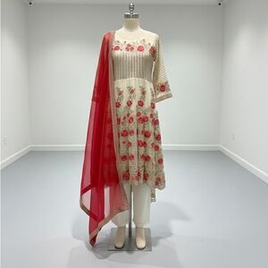 Elegant Floral Embroidered White & Maroon Anarkali Suit | Size Medium (Approx 6)
